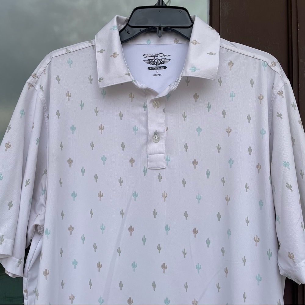 Straight Down White with Green and Tan Cactus Polo L